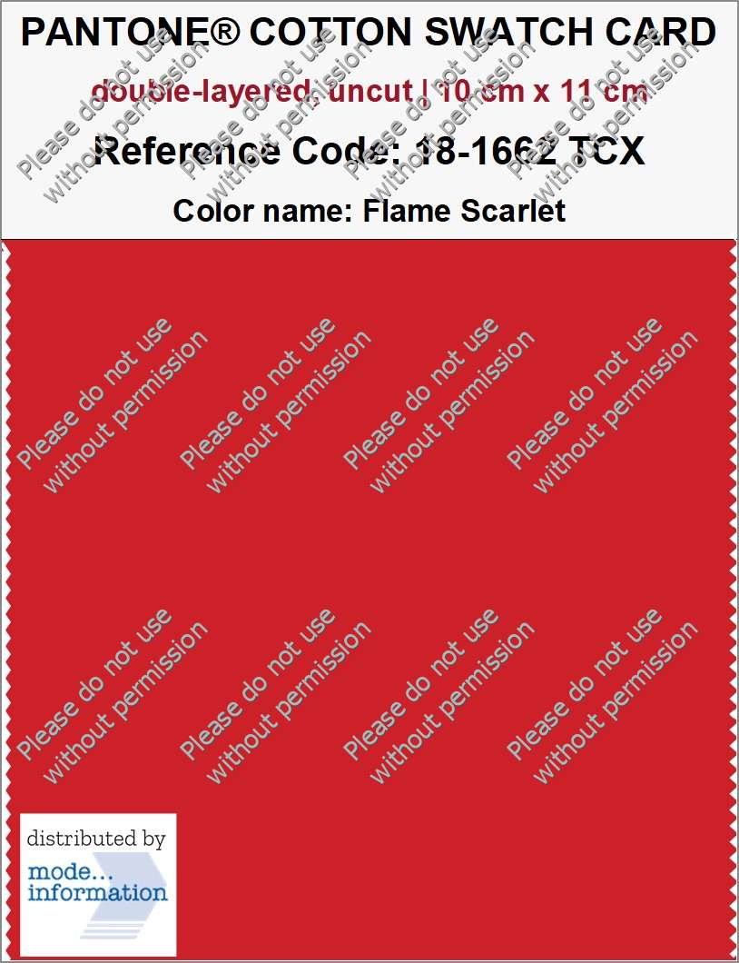 PANTONE COTTON SWATCH CARD 18-1662 TCX Flame Scarlet (double-layered, uncut | 10 cm x 11 cm)