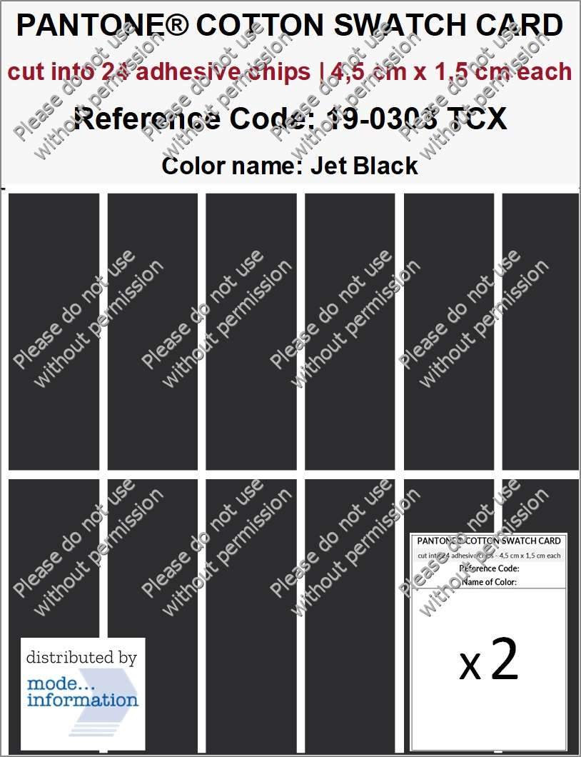 PANTONE COTTON SWATCH CARD 19-0303 TCX Jet Black (cut into 24 adhesive chips | 4,5 cm x 1,5 cm)