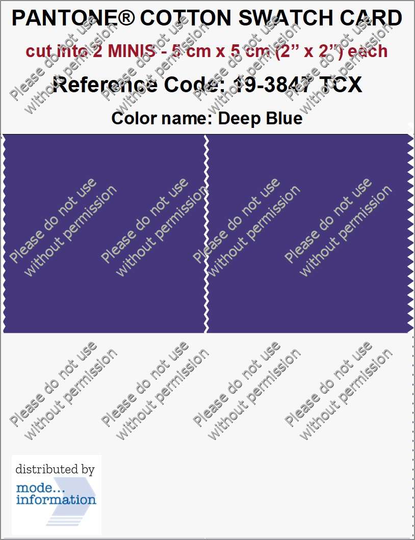 PANTONE COTTON SWATCH CARD 19-3847 TCX Deep Blue (cut into 2 MINIS | 5 cm x 5 cm)