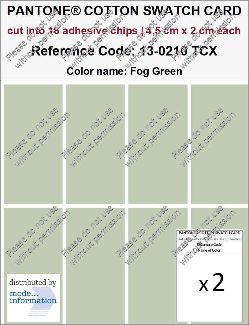 PANTONE COTTON SWATCH CARD 13-0210 TCX Fog Green (cut into 16 adhesive chips | 4,5 cm x 2 cm)