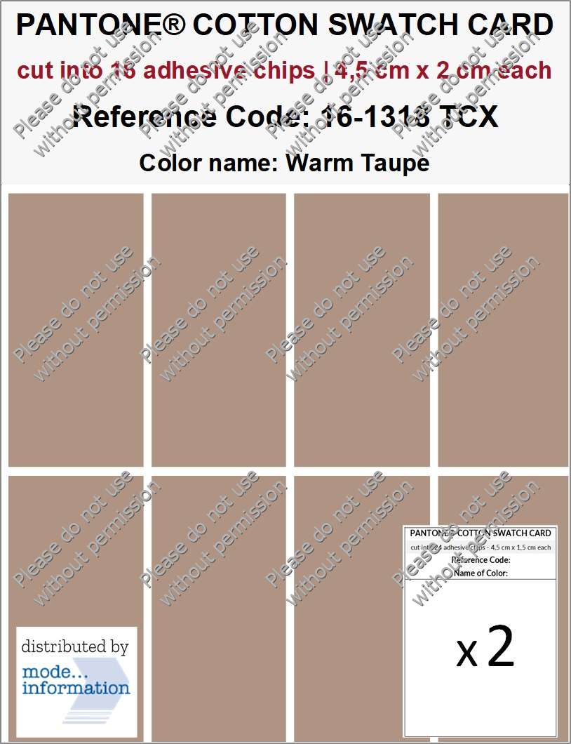PANTONE COTTON SWATCH CARD 16-1318 TCX Warm Taupe (cut into 16 adhesive chips | 4,5 cm x 2 cm)