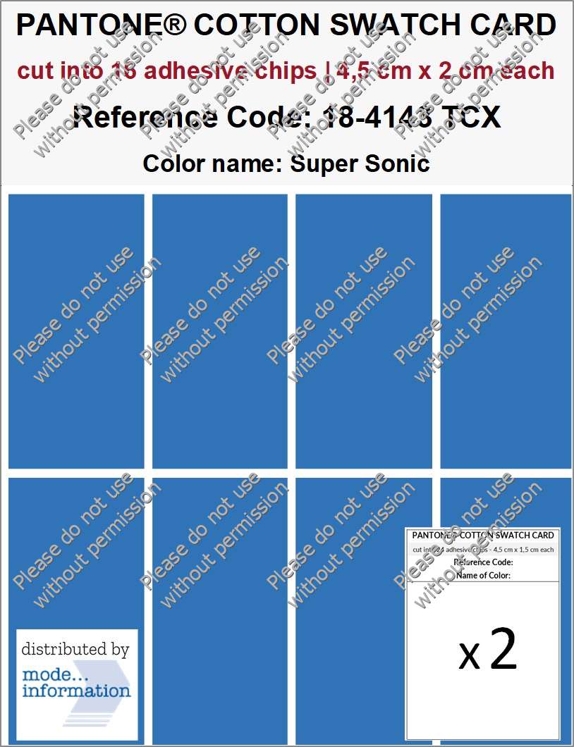 PANTONE COTTON SWATCH CARD 18-4143 TCX Super Sonic (cut into 16 adhesive chips | 4,5 cm x 2 cm)
